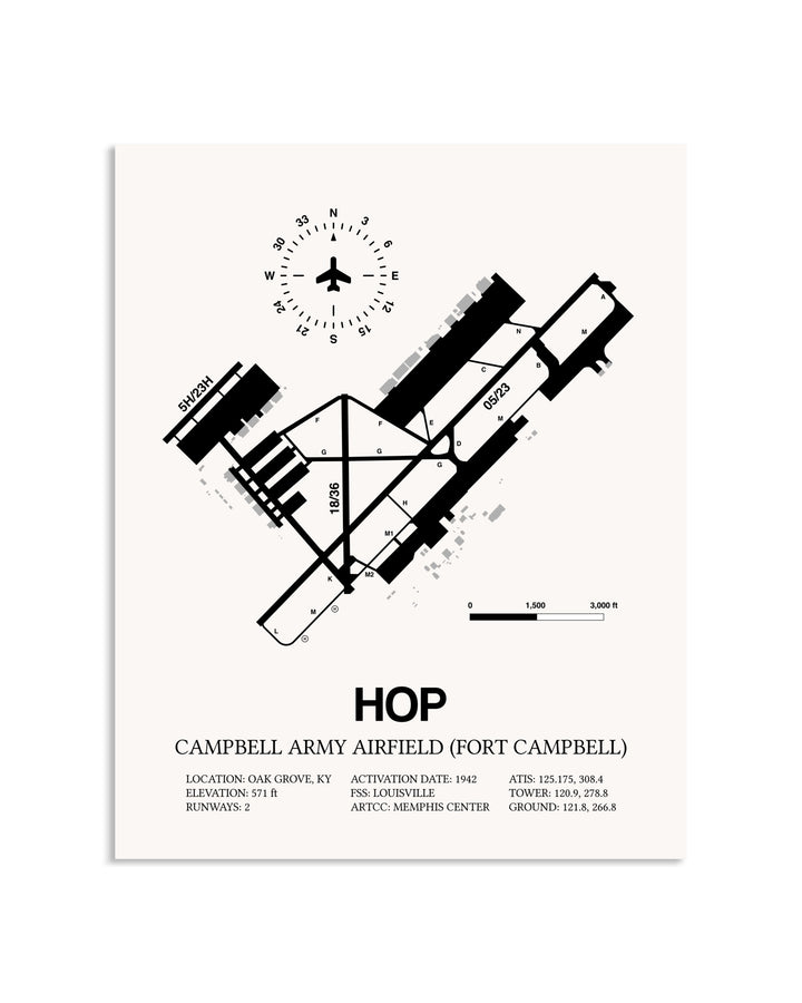 Gray Campbell Army Airfield (Fort Campbell) framed poster displayed in an airplane hangar