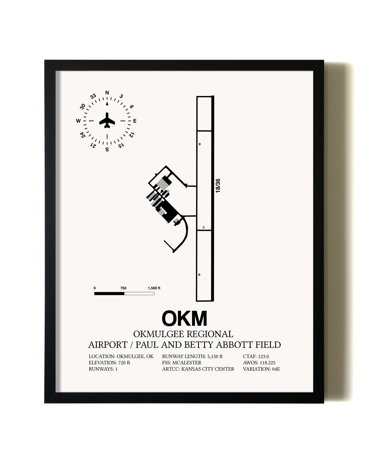 Framed Okmulgee Regional Airport / Paul And Betty Abbott Field wall art poster in black frame