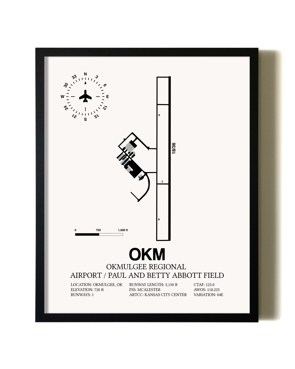 Framed Okmulgee Regional Airport / Paul And Betty Abbott Field wall art poster in black frame