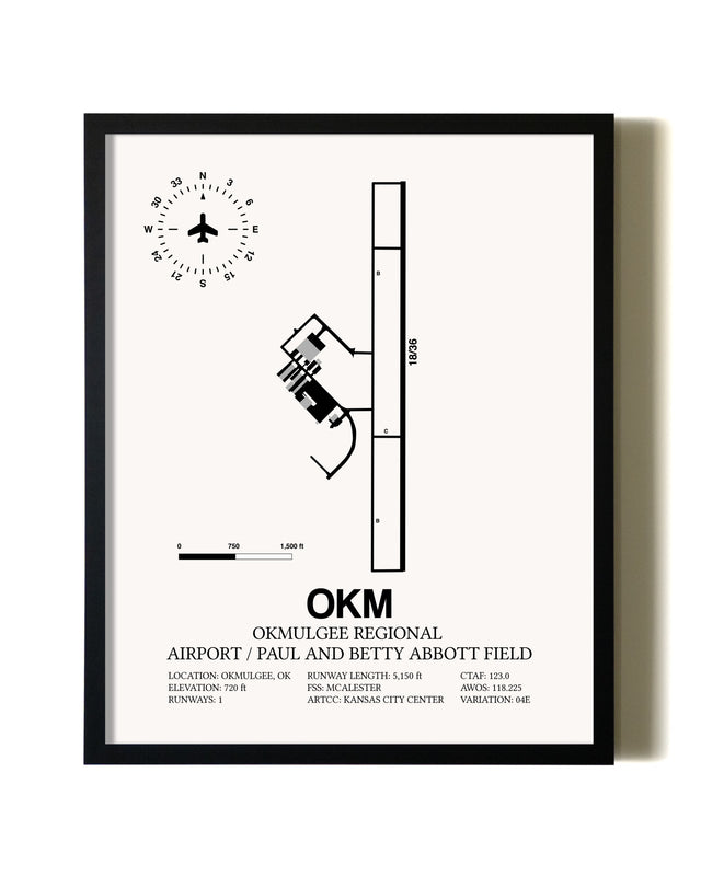 Framed Okmulgee Regional Airport / Paul And Betty Abbott Field wall art poster in black frame