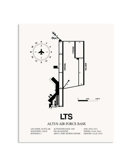 Gray Altus Air Force Base framed poster displayed in an airplane hangar