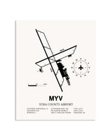Gray Yuba County Airport framed poster displayed in an airplane hangar