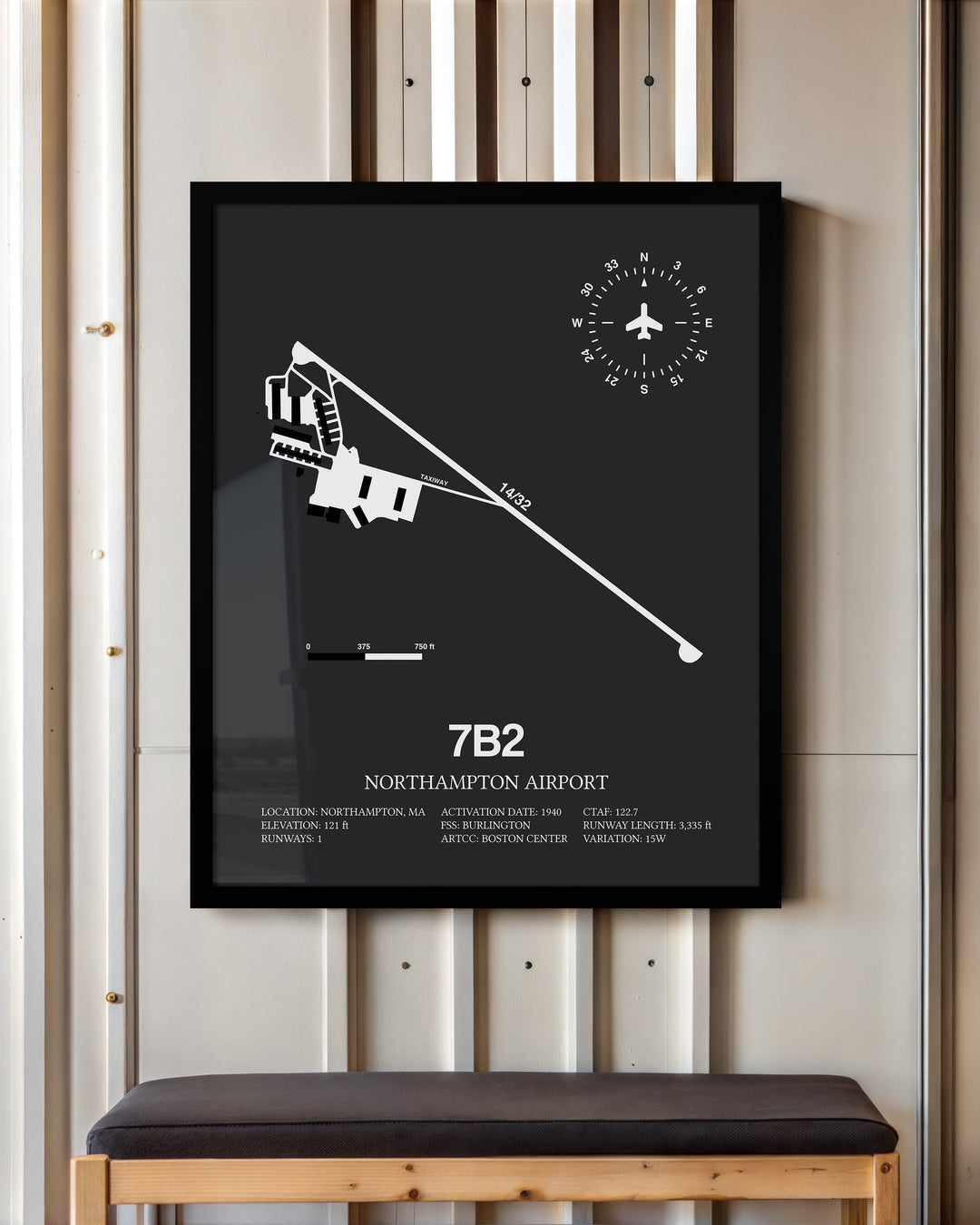 Framed Detailed Airport Map of Northampton Airport (7B2) in Gray with a Black Frame