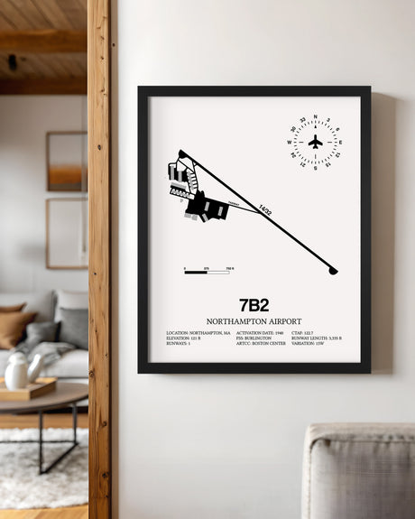 Framed Detailed Airport Map of Northampton Airport (7B2) in White with a Black Frame