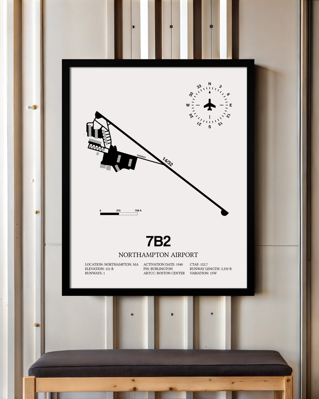 Framed Detailed Airport Map of Northampton Airport (7B2) in White with a Black Frame