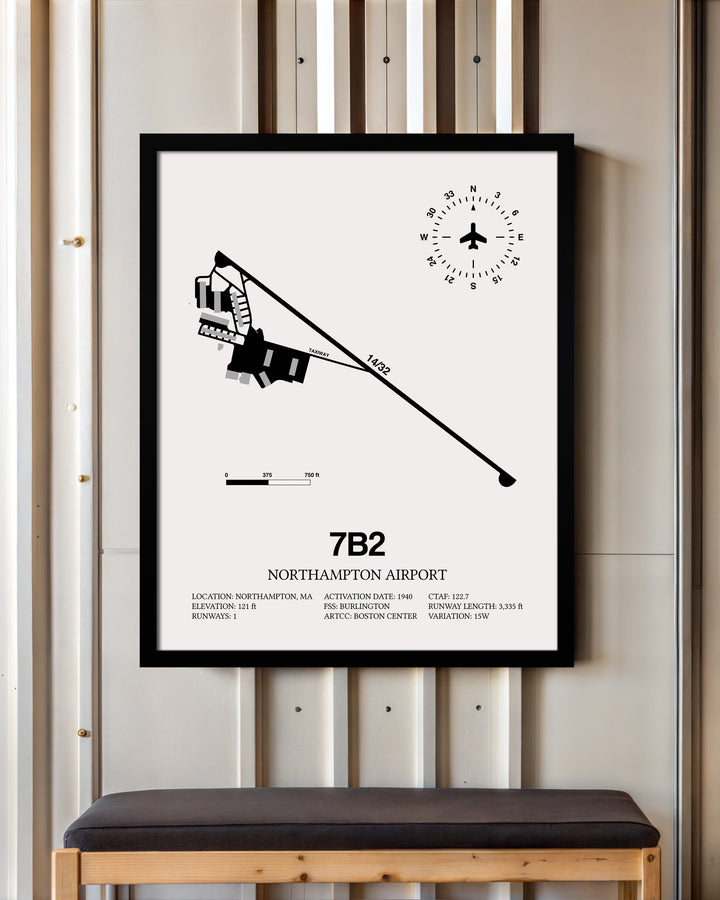 Framed Detailed Airport Map of Northampton Airport (7B2) in White with a Black Frame