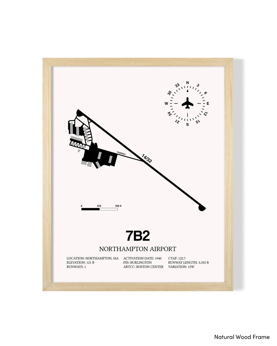 Detailed Airport Map of Northampton Airport (7B2) in White with a Natural Frame