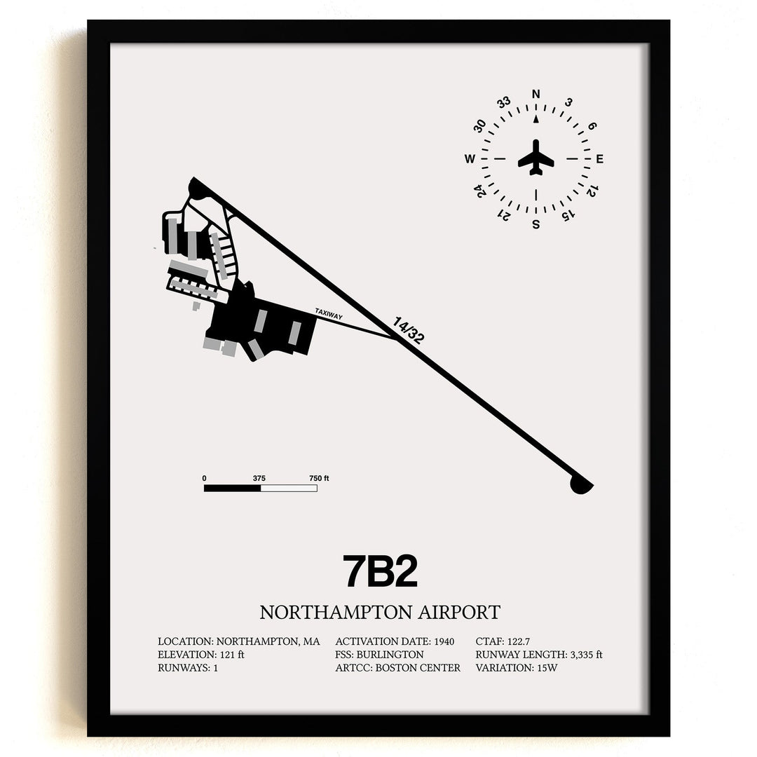 Framed Detailed Airport Map of Northampton Airport (7B2) in White with a Black Frame