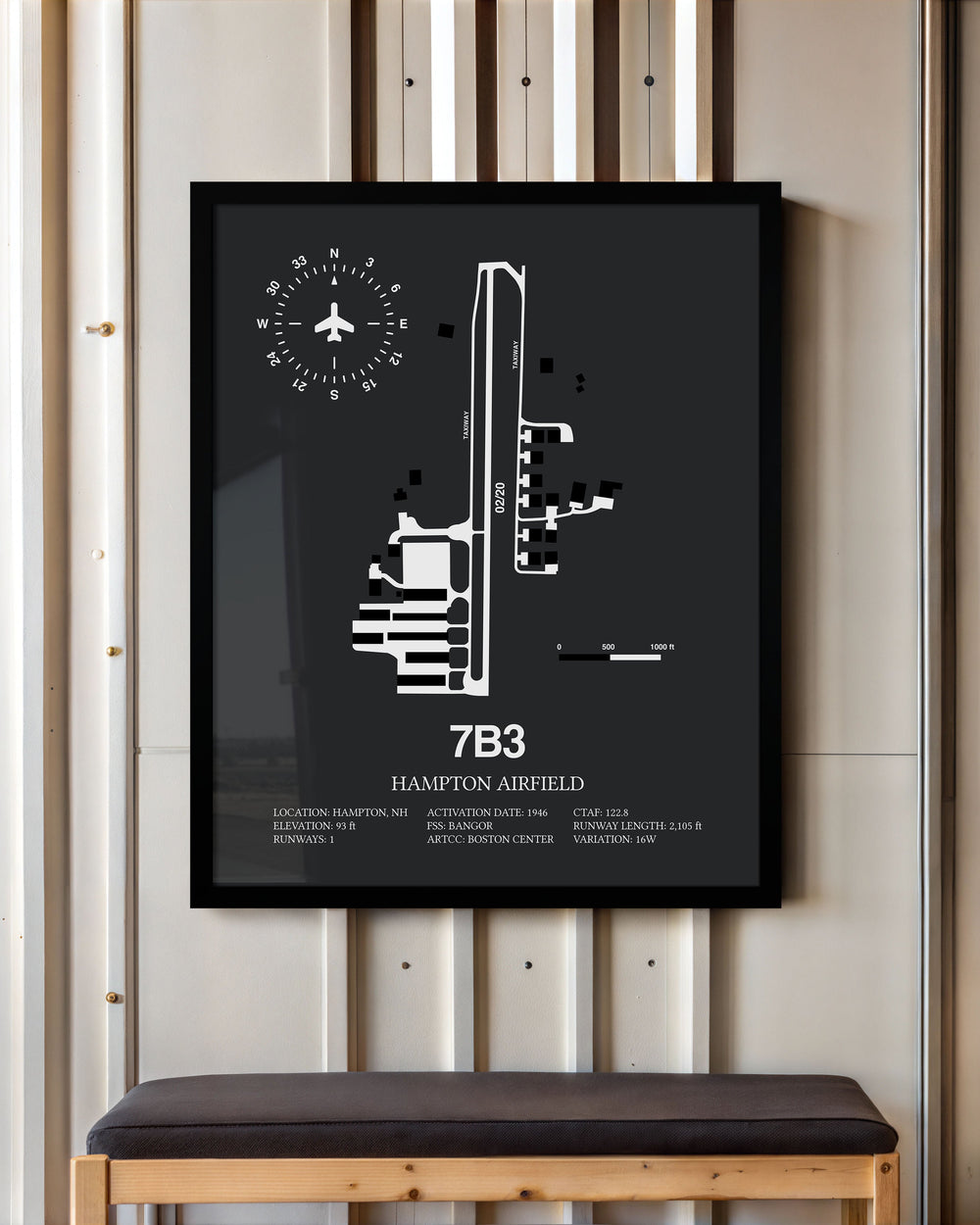 Framed Detailed Airport Map of Hampton Airfield (7B3) in Gray with a Black Frame