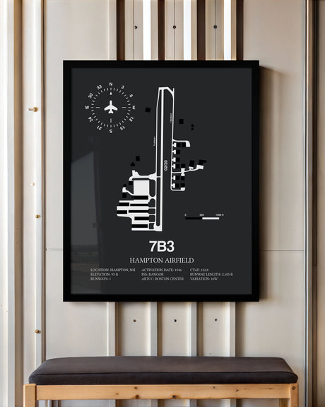 Framed Detailed Airport Map of Hampton Airfield (7B3) in Gray with a Black Frame
