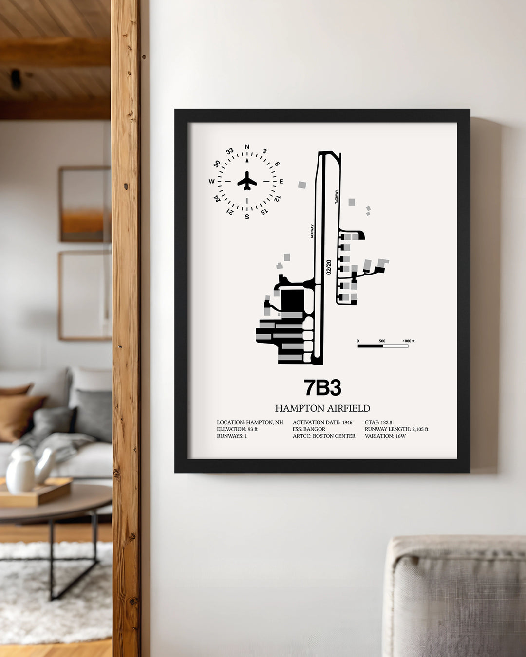Framed Detailed Airport Map of Hampton Airfield (7B3) in White with a Black Frame