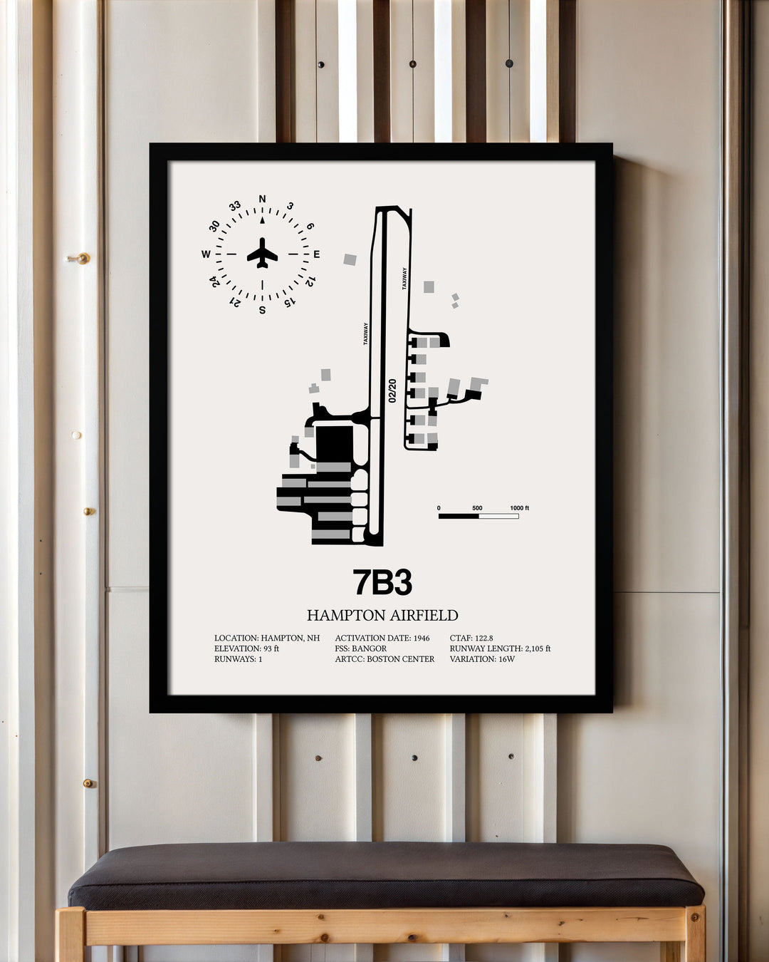 Framed Detailed Airport Map of Hampton Airfield (7B3) in White with a Black Frame