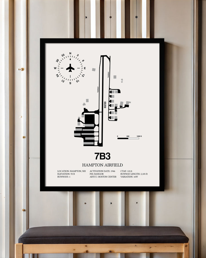 Framed Detailed Airport Map of Hampton Airfield (7B3) in White with a Black Frame