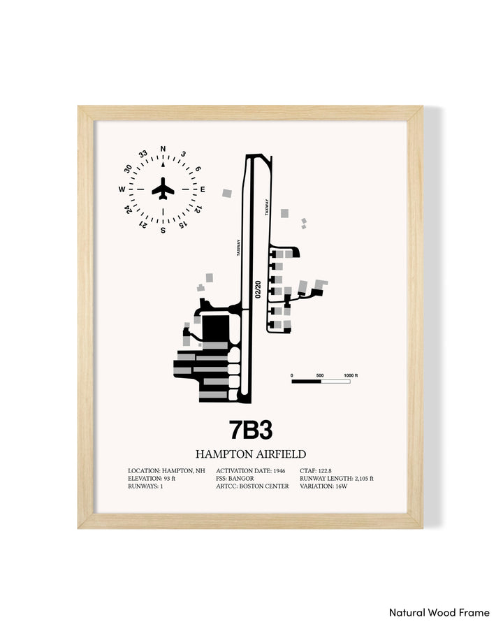 Detailed Airport Map of Hampton Airfield (7B3) in White with a Natural Frame