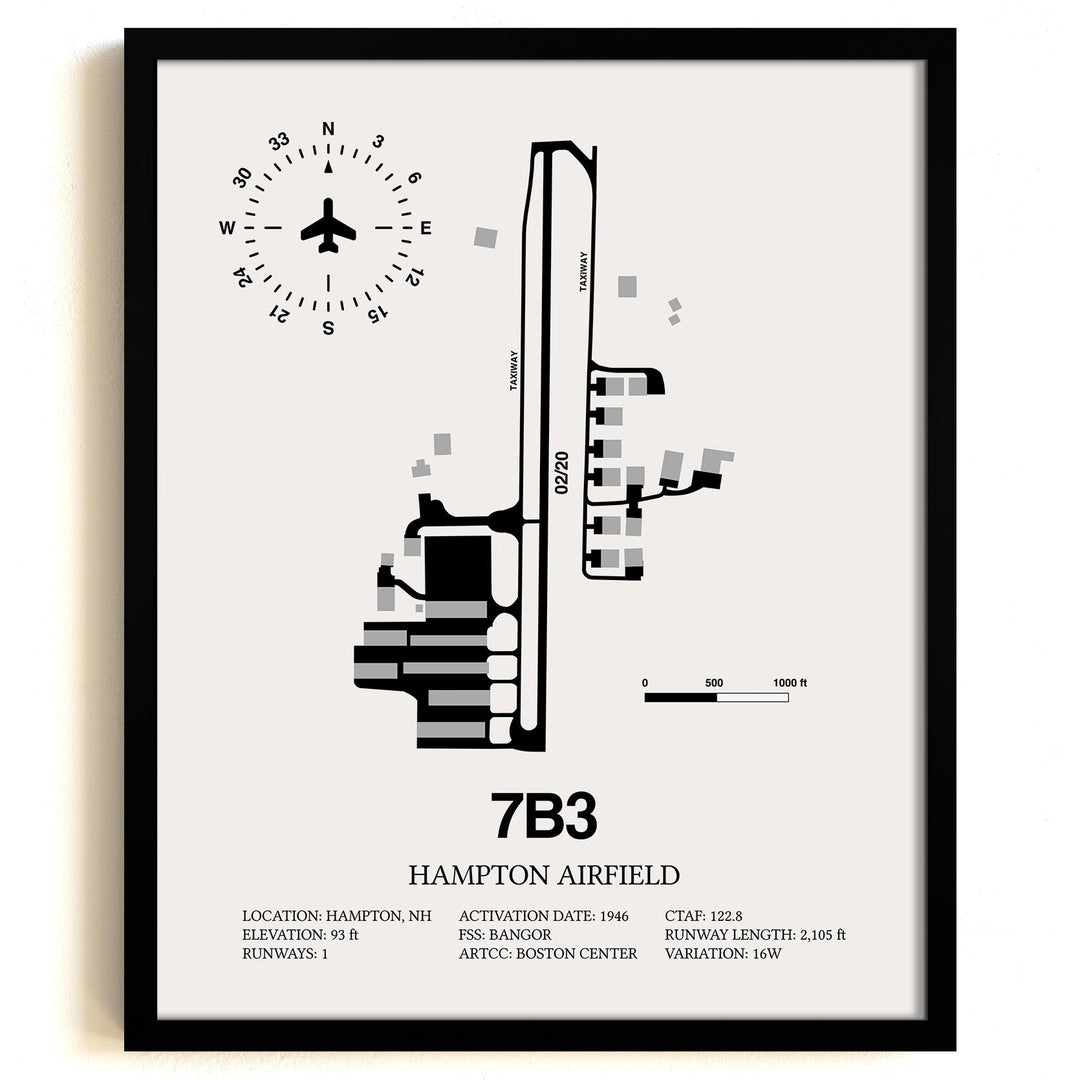 Framed Detailed Airport Map of Hampton Airfield (7B3) in White with a Black Frame