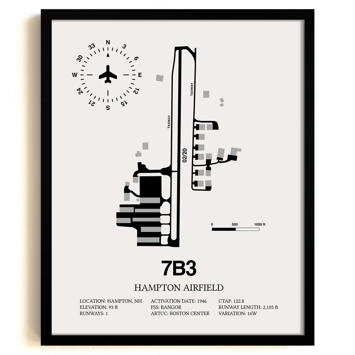 Framed Detailed Airport Map of Hampton Airfield (7B3) in White with a Black Frame