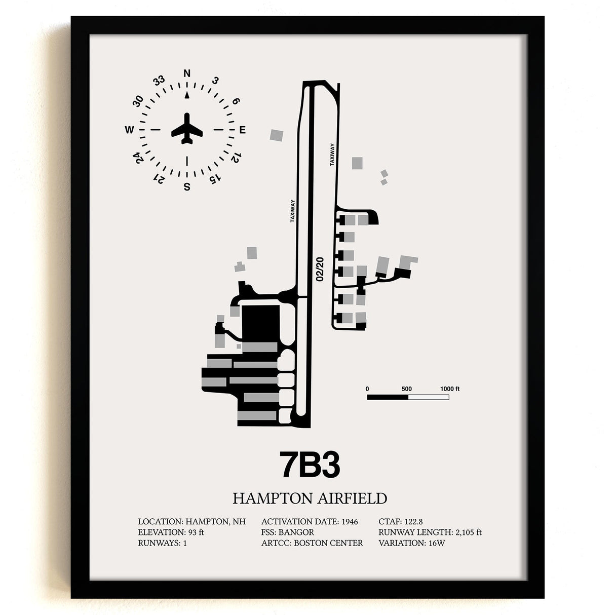 Framed Detailed Airport Map of Hampton Airfield (7B3) in White with a Black Frame