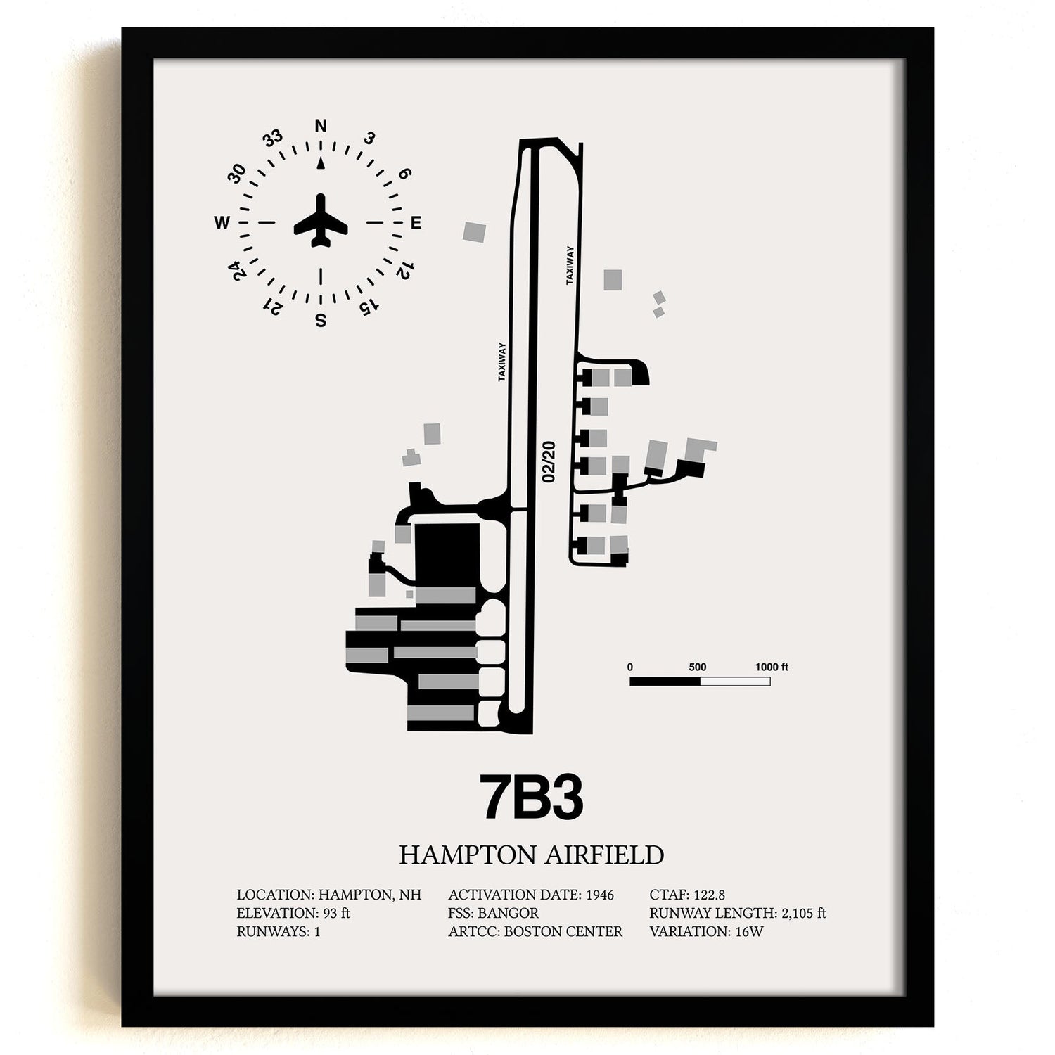 Framed Detailed Airport Map of Hampton Airfield (7B3) in White with a Black Frame