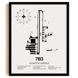 Framed Detailed Airport Map of Hampton Airfield (7B3) in White with a Black Frame