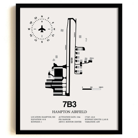 Framed Detailed Airport Map of Hampton Airfield (7B3) in White with a Black Frame