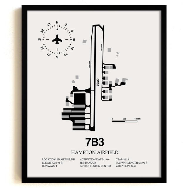 Framed Detailed Airport Map of Hampton Airfield (7B3) in White with a Black Frame