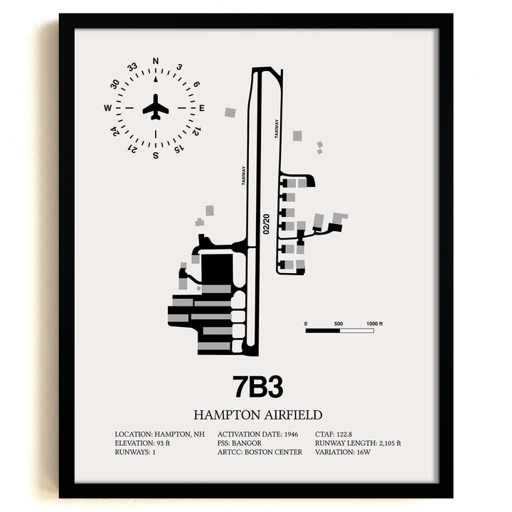 Framed Detailed Airport Map of Hampton Airfield (7B3) in White with a Black Frame