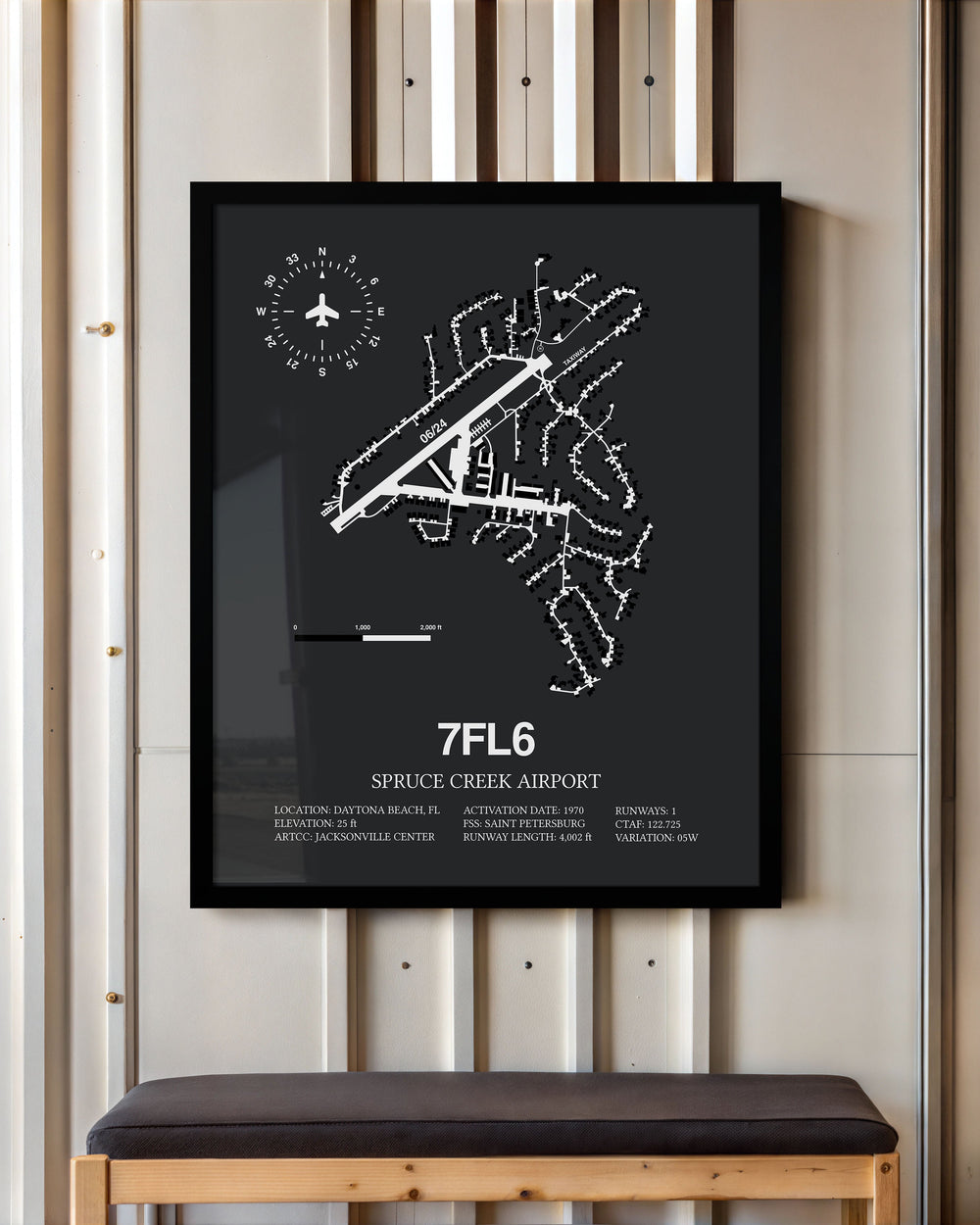Framed Detailed Airport Map of Spruce Creek Airport (7FL6) in Gray with a Black Frame