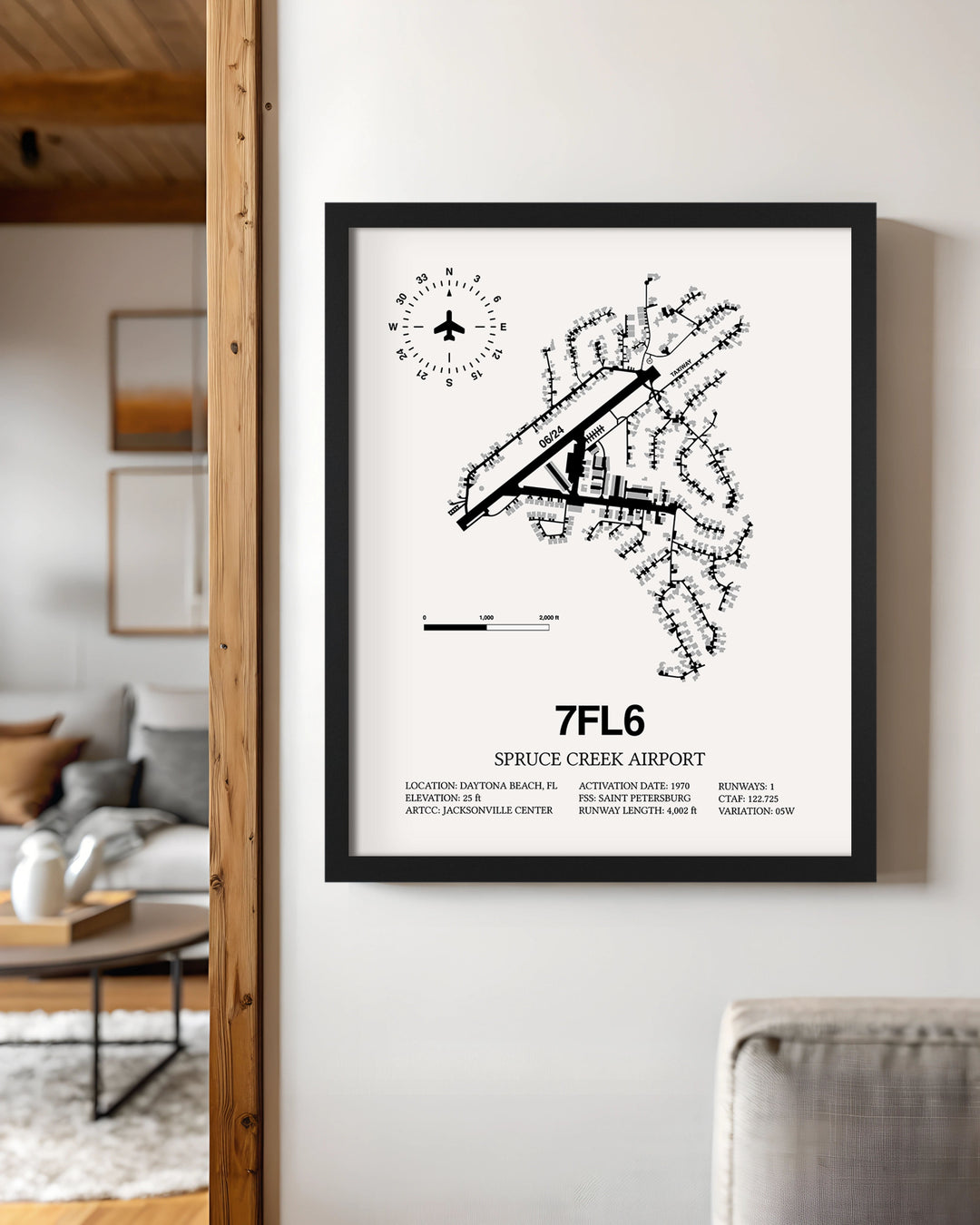 Framed Detailed Airport Map of Spruce Creek Airport (7FL6) in White with a Black Frame
