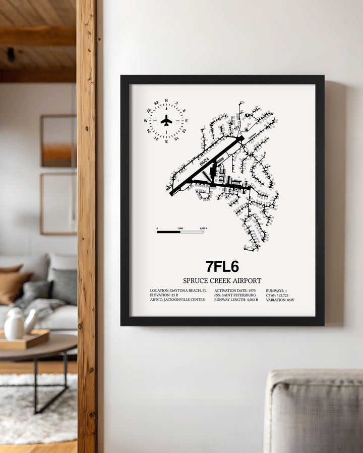 Framed Detailed Airport Map of Spruce Creek Airport (7FL6) in White with a Black Frame