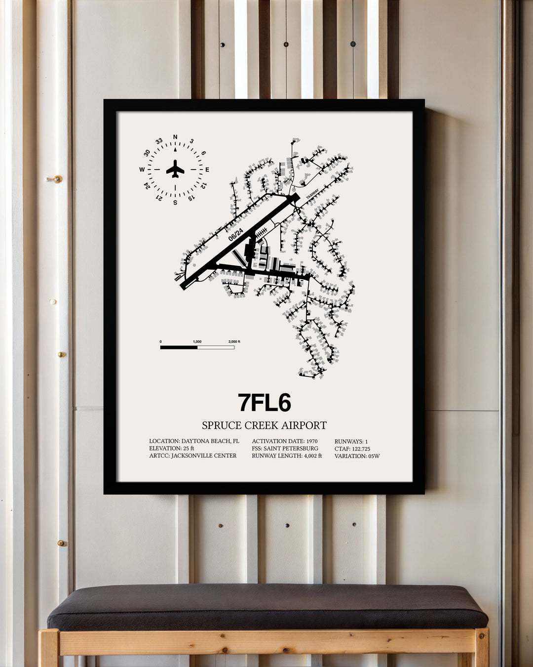 Framed Detailed Airport Map of Spruce Creek Airport (7FL6) in White with a Black Frame