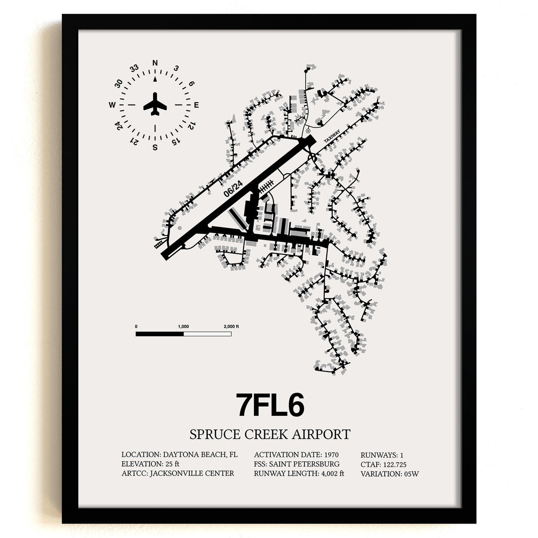 Framed Detailed Airport Map of Spruce Creek Airport (7FL6) in White with a Black Frame