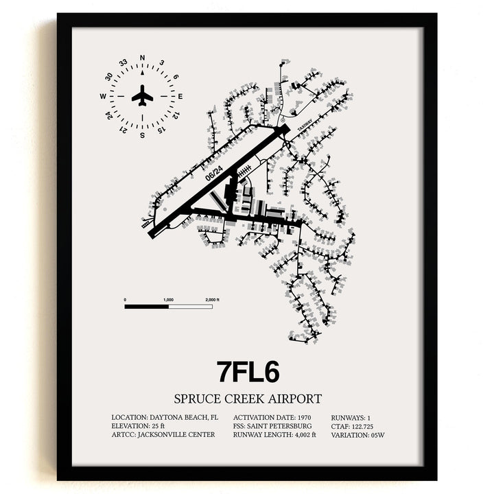 Framed Detailed Airport Map of Spruce Creek Airport (7FL6) in White with a Black Frame
