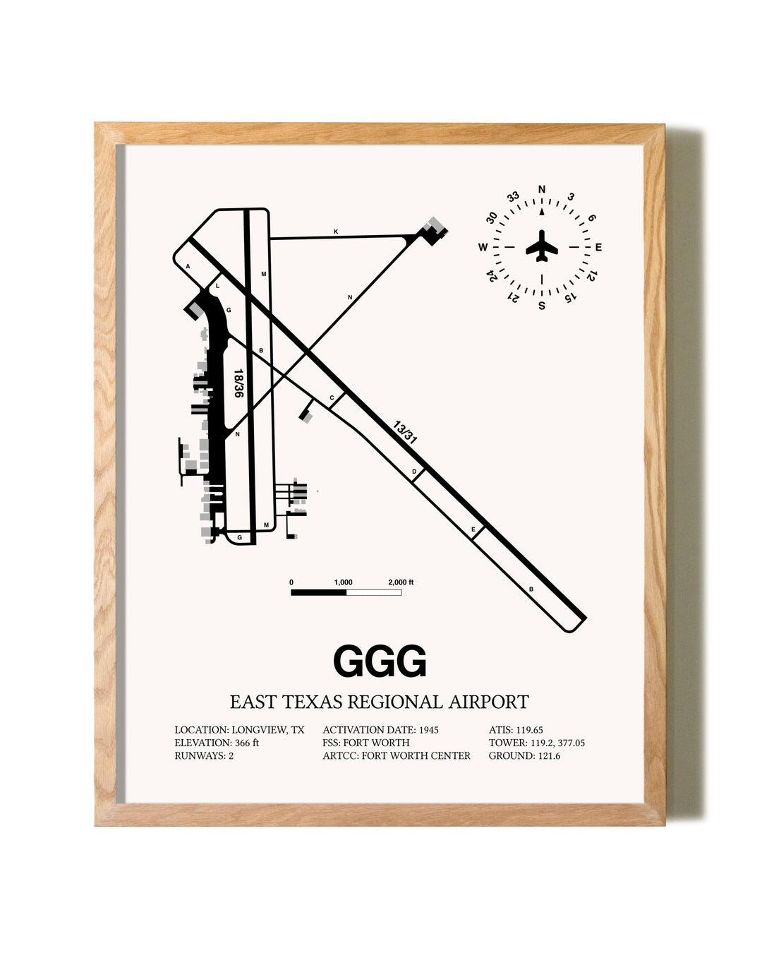 East Texas Regional Airport framed print in natural wood frame