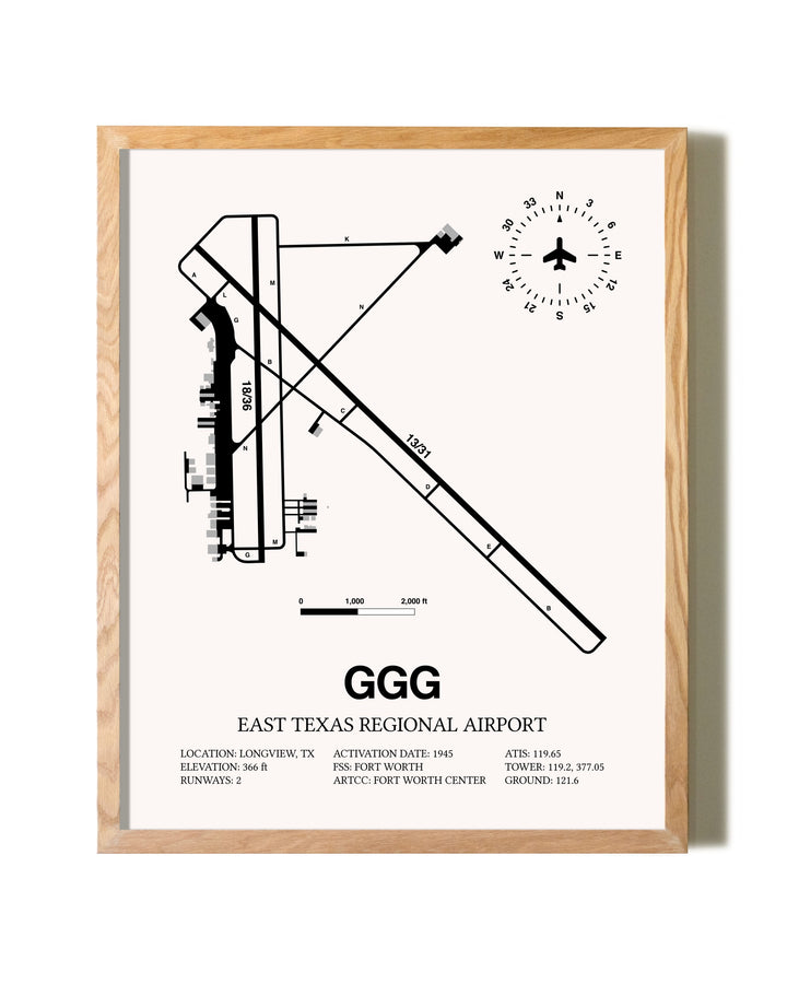 East Texas Regional Airport framed print in natural wood frame