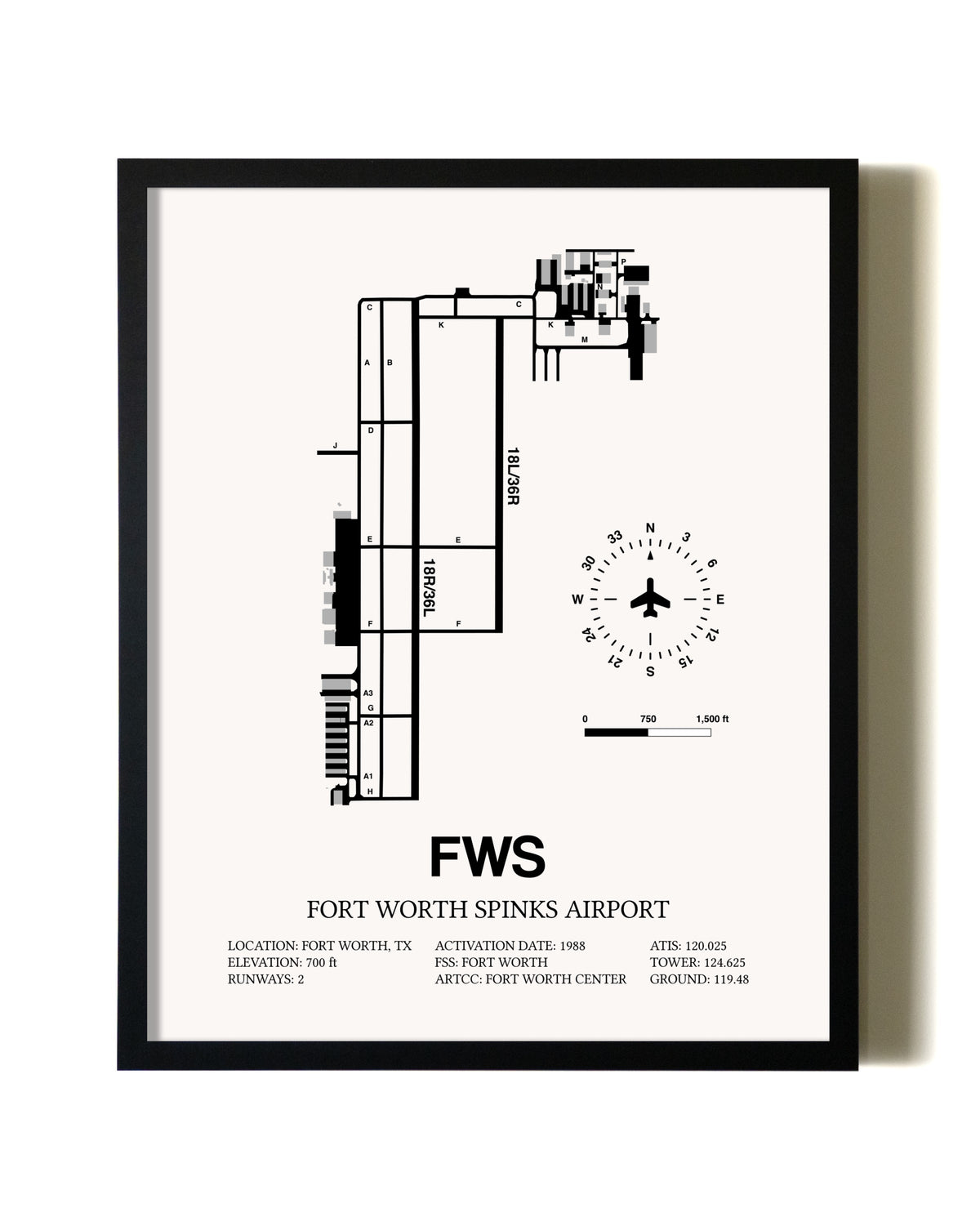 Framed Fort Worth Spinks Airport wall art poster in black frame