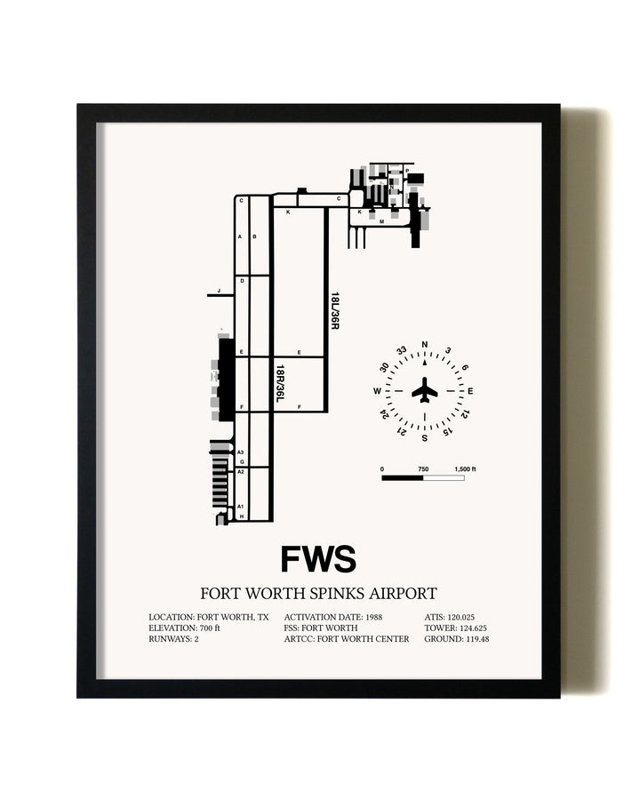 Framed Fort Worth Spinks Airport wall art poster in black frame