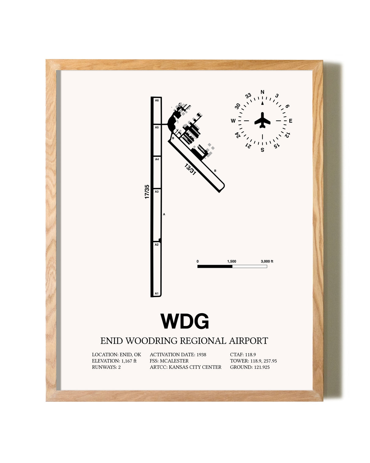 Enid Woodring Regional Airport framed print in natural wood frame