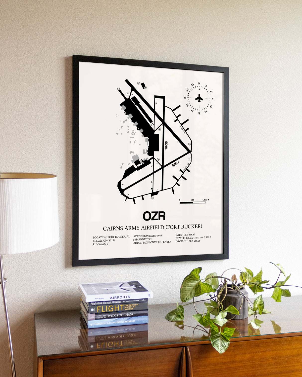 Cairns Army Airfield (Fort Rucker) aviation wall décor in black wood frame