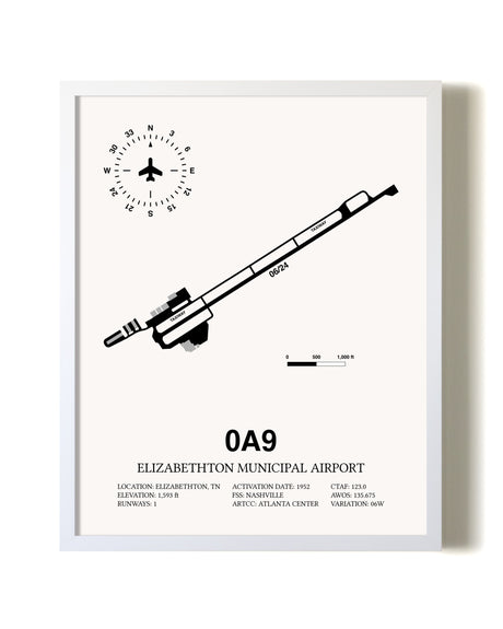 Elizabethton Municipal Airport airport map poster in oak frame