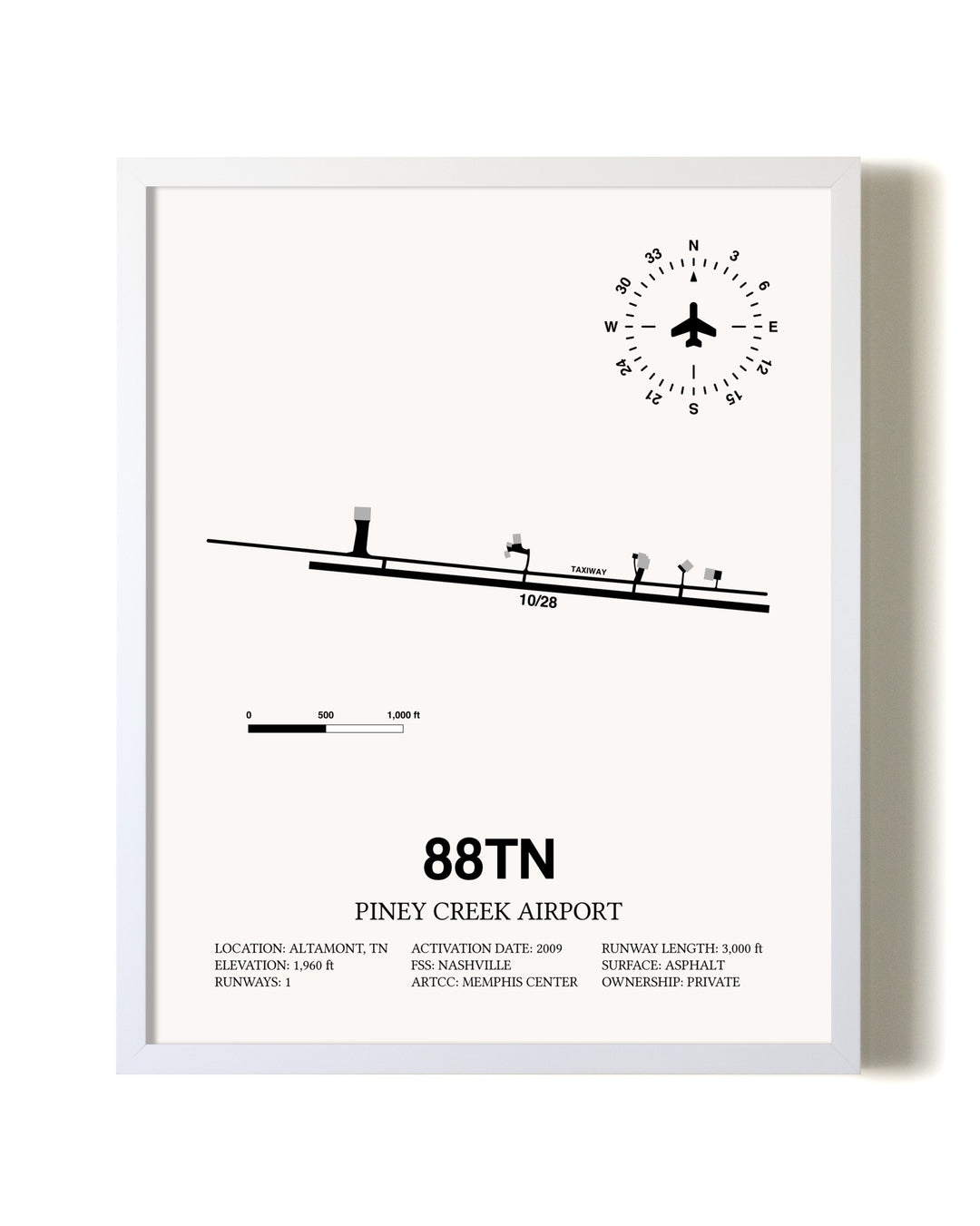 Piney Creek Airport airport map poster in oak frame
