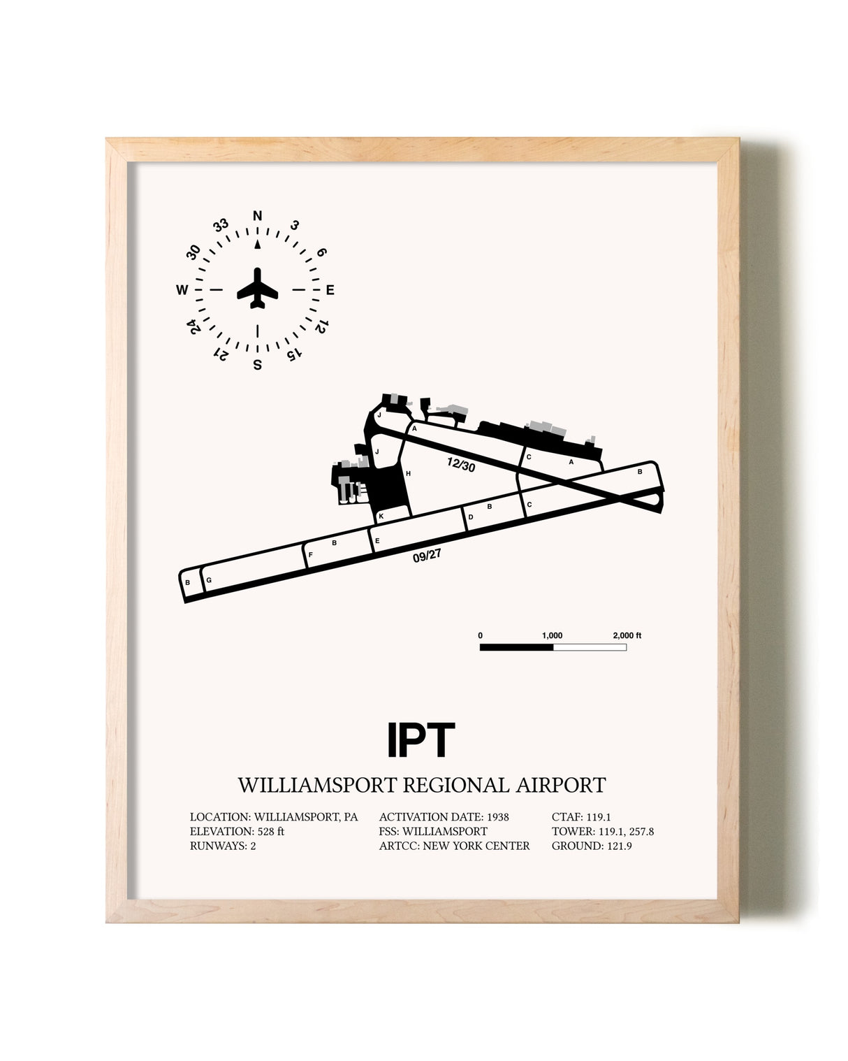 Williamsport Regional Airport framed wall art in white frame