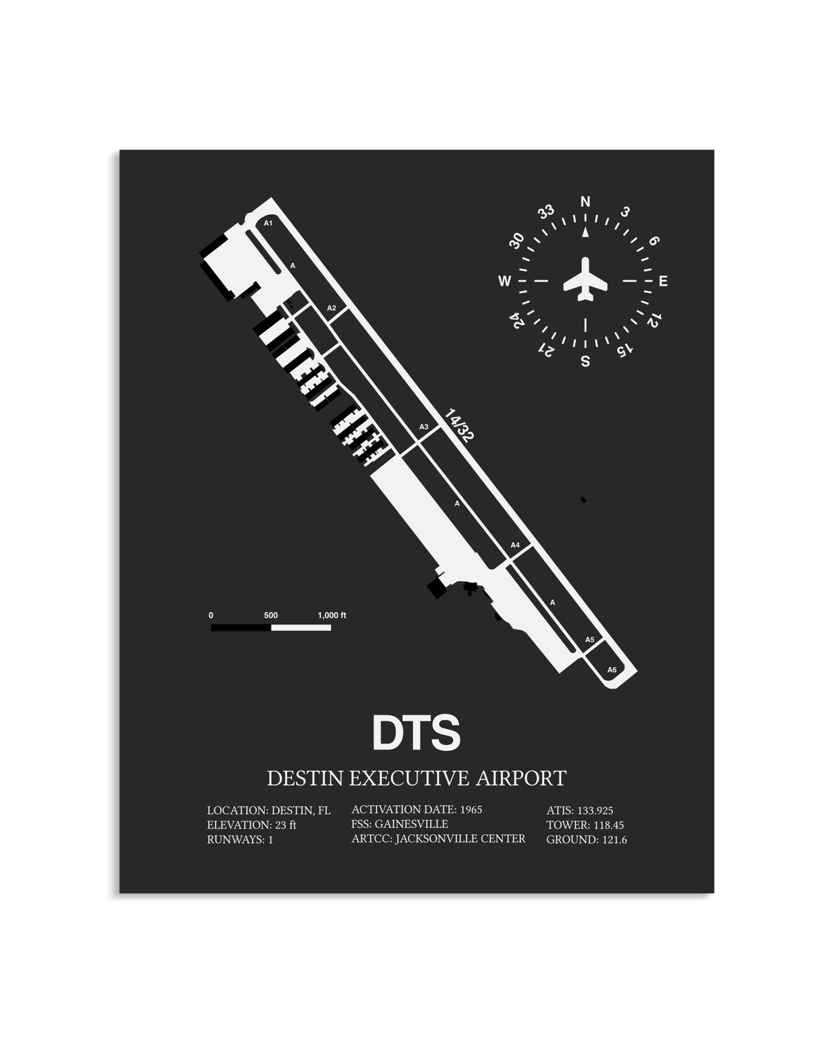 Gray Framed Destin Executive Airport layout wall art poster