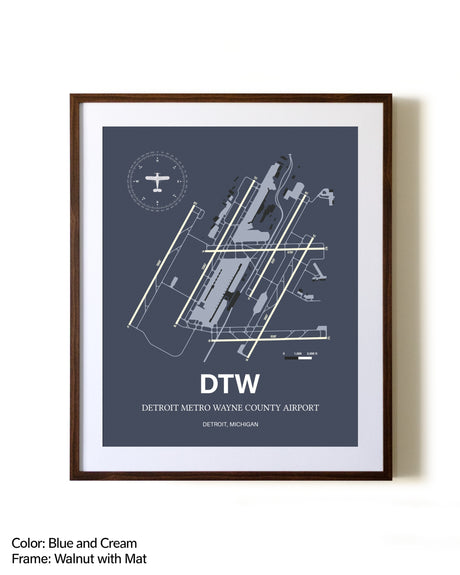 Detroit Metro Wayne County Airport aviation print in walnut frame with mat