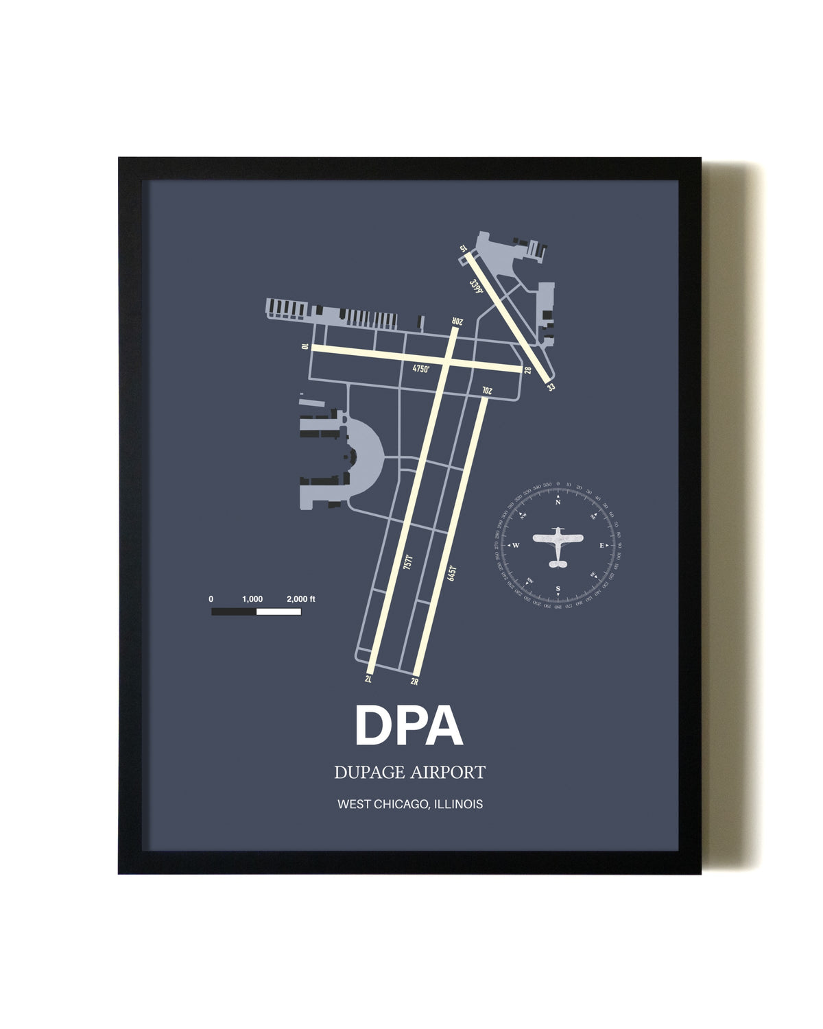 Framed DuPage Airport wall art poster in black frame