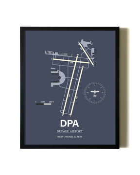 Framed DuPage Airport wall art poster in black frame