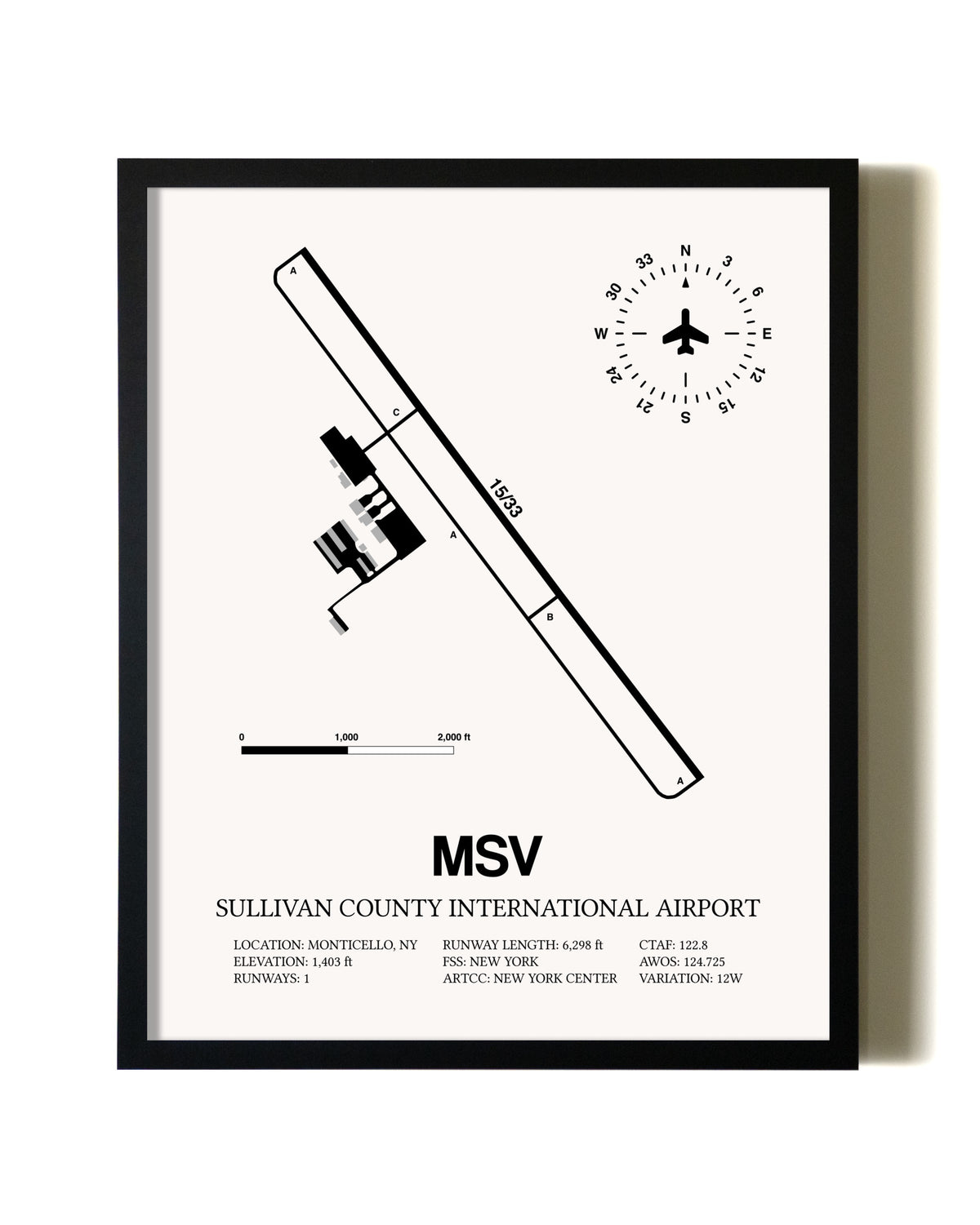 Framed Sullivan County International Airport wall art poster in black frame