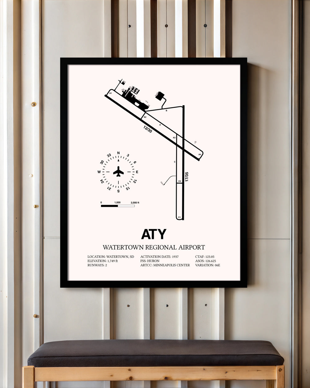 Watertown Regional Airport framed poster displayed in an airplane hangar