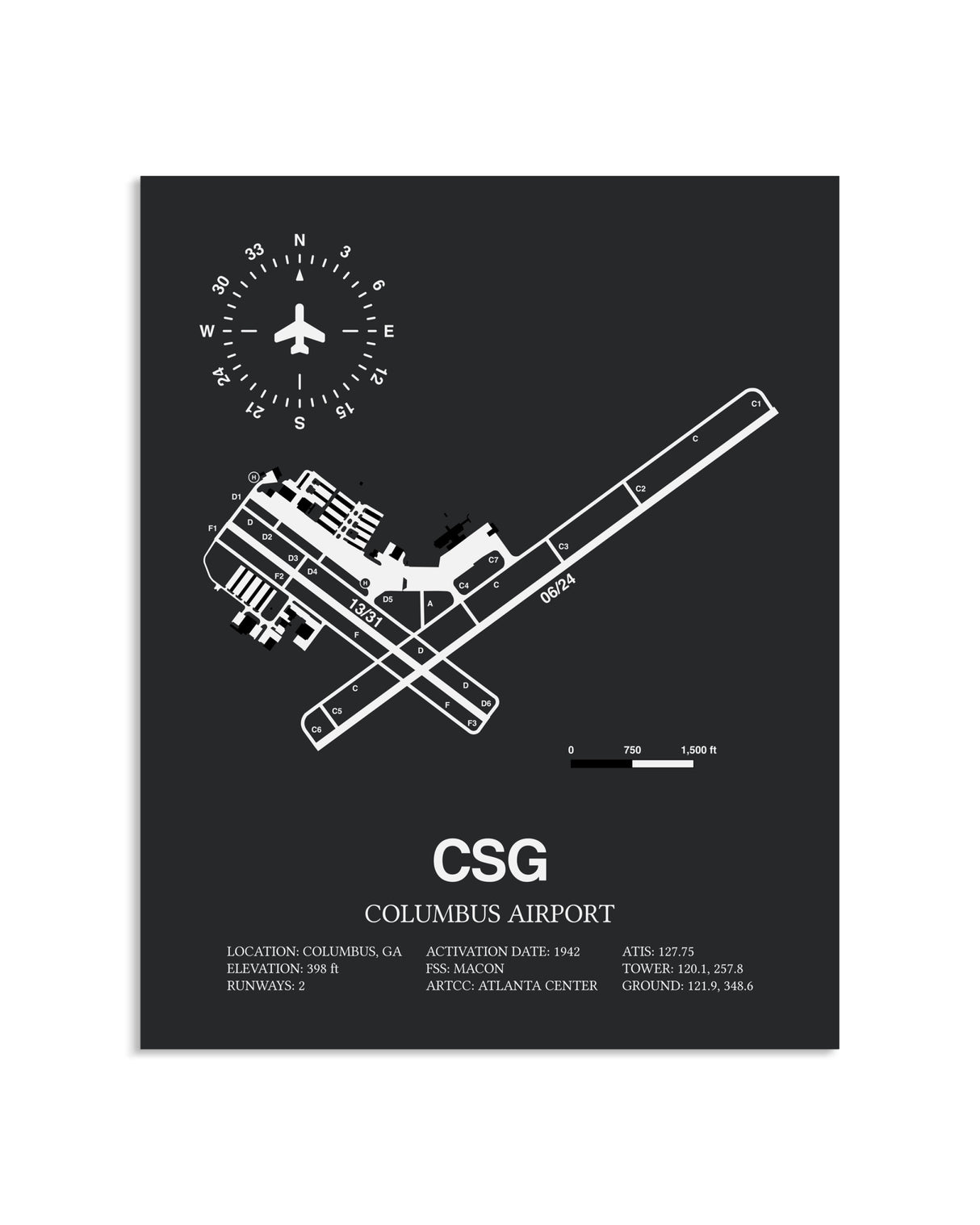 Gray Framed Columbus Airport layout wall art poster