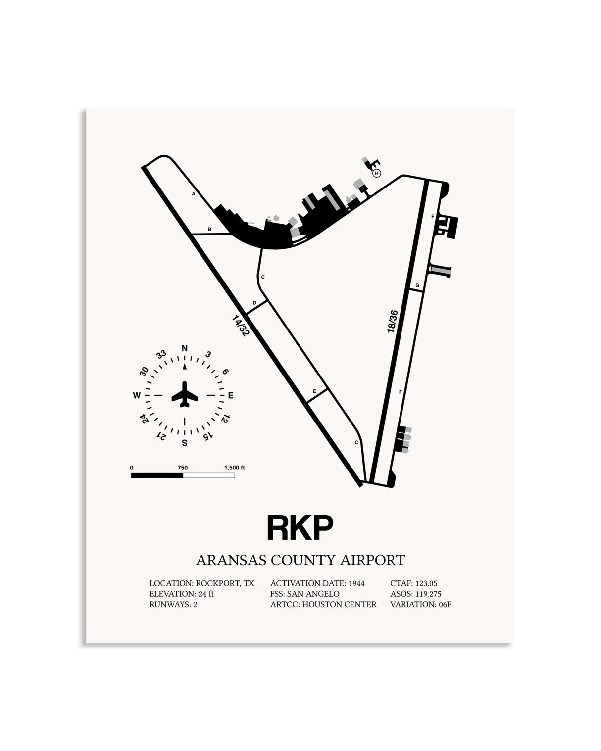 Gray Aransas County Airport framed poster displayed in an airplane hangar
