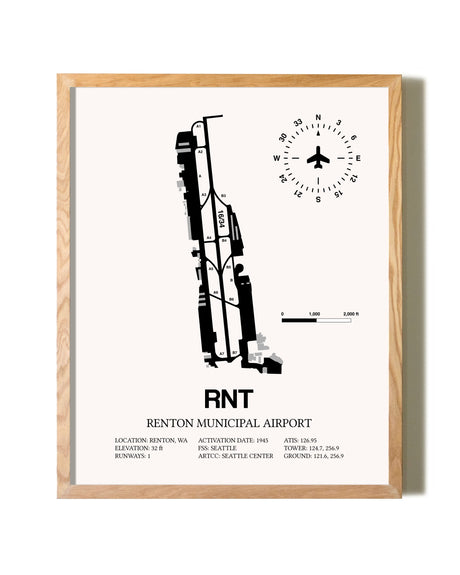 Renton Municipal Airport framed print in natural wood frame